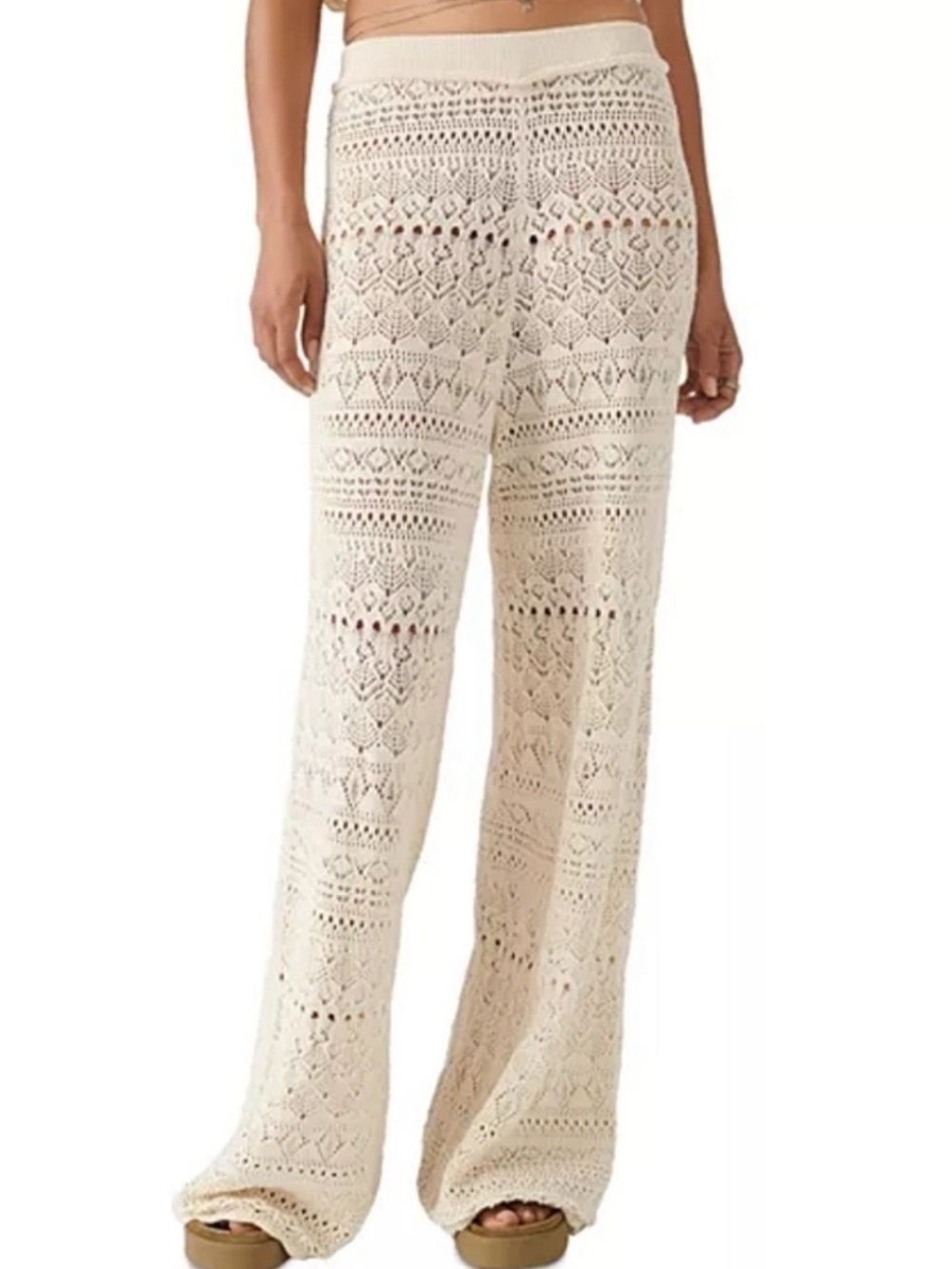 Good Luck Gem Cream Crochet Knit Lined Wide Leg Festival Pants  Medium